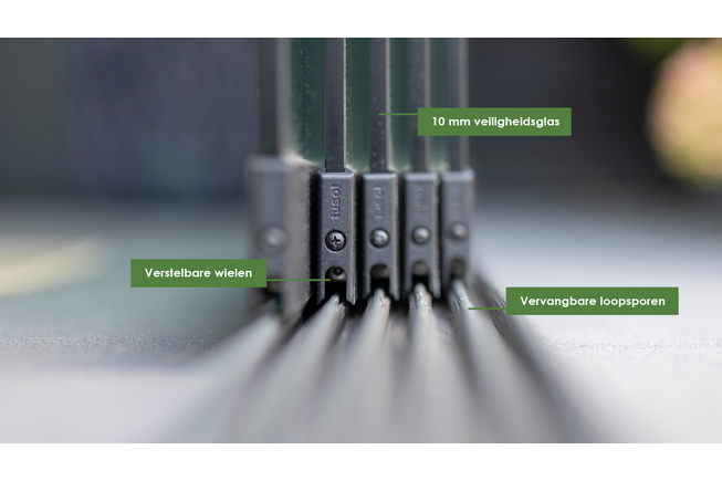 Glazen schuifwand antraciet - Getint glas - Lange 3 rail met 6 glaspanelen tot 578 cm breed Glazen schuifwand antraciet - Getint glas - Lange 3 rail met 6 glaspanelen tot 578 cm breed