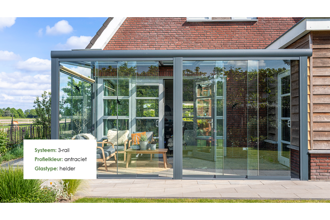 Glazen schuifwand zwart - Helder glas - Lange 3 rail met 6 glaspanelen tot 530 cm breed