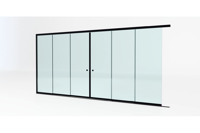 Glazen schuifwand zwart - Helder glas - Lange 3 rail met 6 glaspanelen tot 482 cm breed