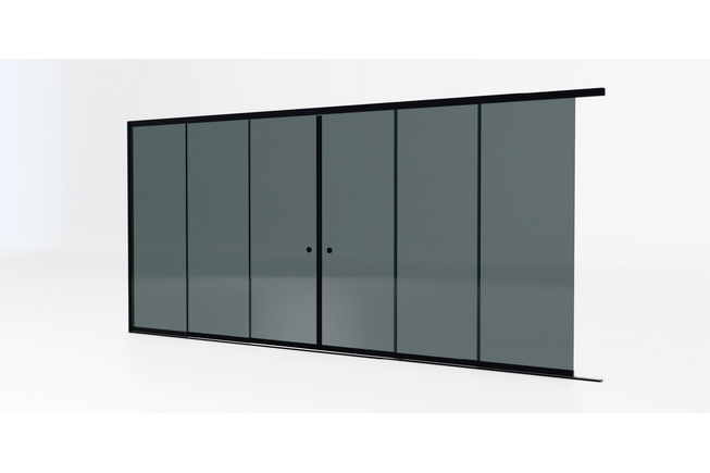 Glazen schuifwand zwart - Getint glas - Lange 3 rail met 6 glaspanelen tot 530 cm breed