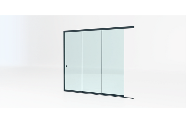 Glazen schuifwand antraciet - Helder glas - 3 railsysteem tot 303 cm breed Glazen schuifwand antraciet - Helder glas - 3 railsysteem tot 303 cm breed