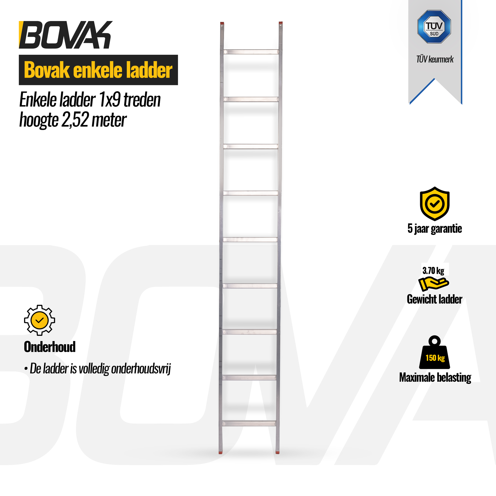 Bovak enkele ladder- 1x9 treden - meter - Aluminium - TÜV Keurmerk - Steemastore