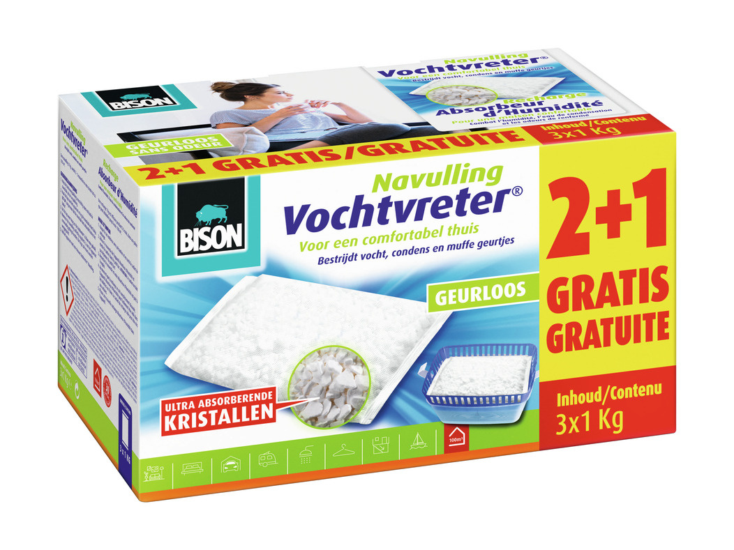 Voordeeldrogisterij Bison Vochtvreter Navulzak Neutraal Doos - 3 x 1 kg aanbieding