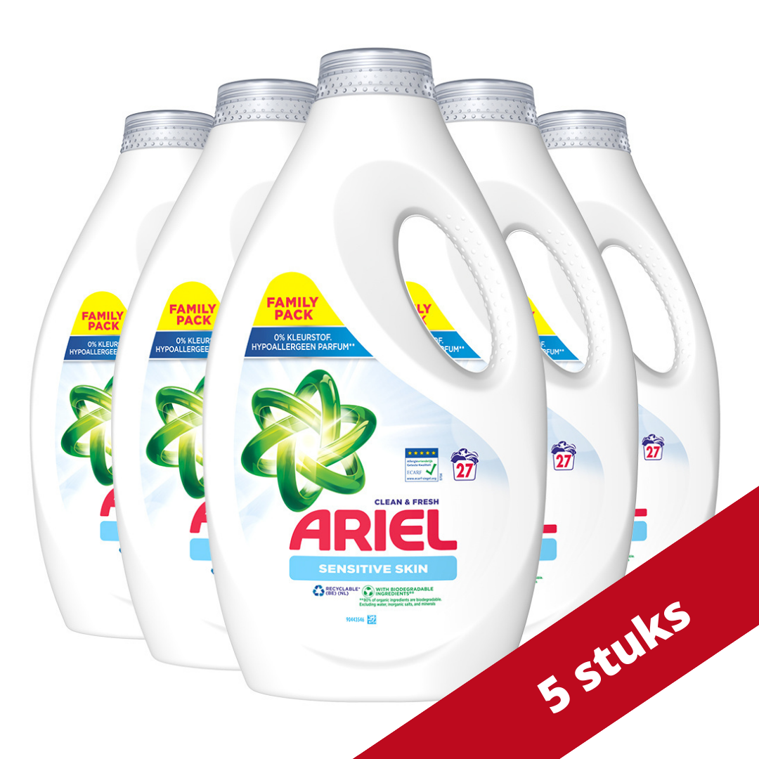 Voordeeldrogisterij Ariel Vloeibaar Wasmiddel Sensitive Voordeelverpakking - 135 wasbeurten (5x27) aanbieding