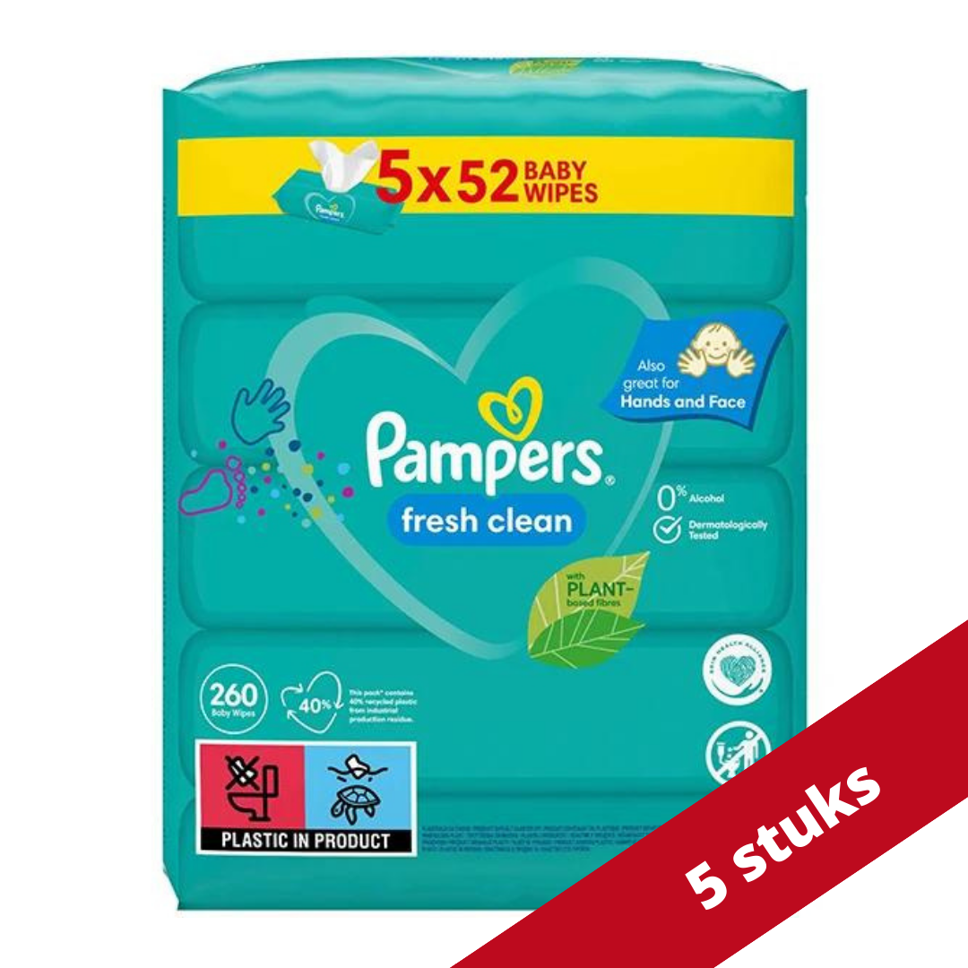 Voordeeldrogisterij Pampers Babydoekjes Fresh Clean Voordeelverpakking - 5x 52 stuks aanbieding