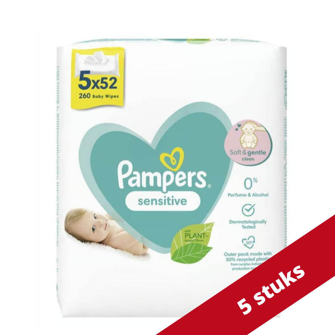 Voordeeldrogisterij Pampers Babydoekjes Sensitive Voordeelverpakking - 5x 52 stuks aanbieding