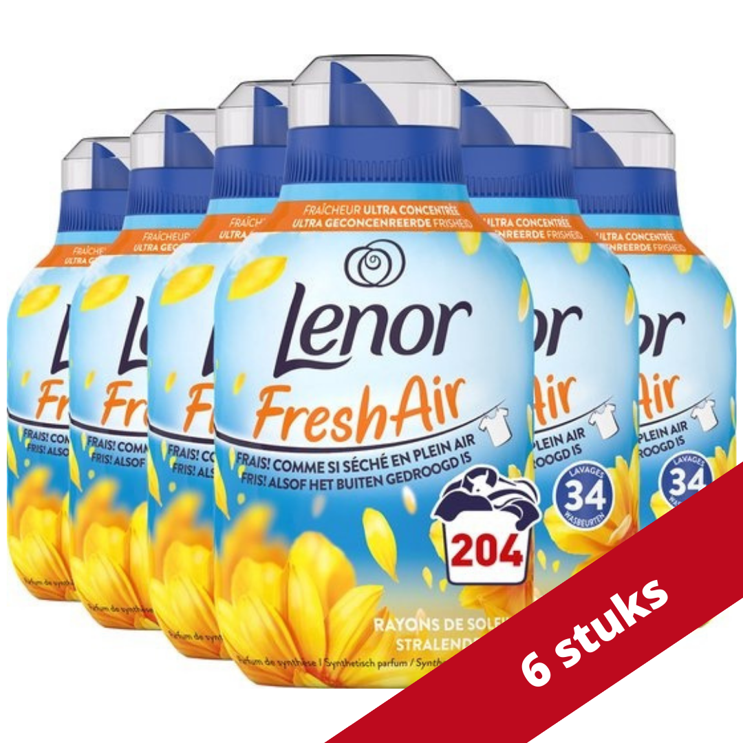 Voordeeldrogisterij Lenor Fresh Air Wasverzachter Stralende Zon Voordeelverpakking - 204 wasbeurten (6x34) aanbieding