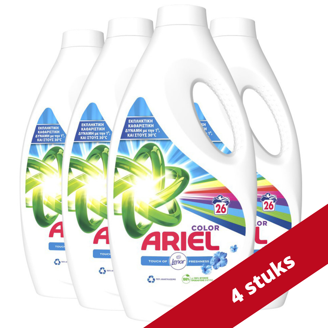 Voordeeldrogisterij Ariel Vloeibaar Wasmiddel Color + Touch of Lenor Voordeelverpakking -104 wasbeurten (4x26) aanbieding