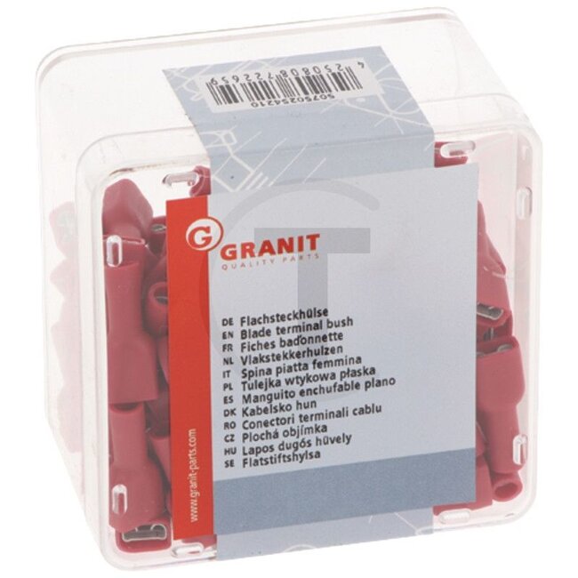 GRANIT Vlakstekkerhulzen - 100 stuks - 50750254210, 47050 | Uitvoering: geïsoleerd | Doorsnede (mm²): 0,5 - 1,0 | Insteekbreedte: 6,3 x 0,8 mm | Kleur: rood
