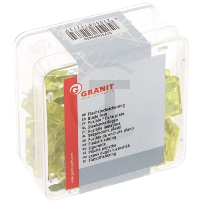 GRANIT Steekzekeringen, standaard 32 volt maximaal / 20 A - geel - 50 stuks - 50750295420 | Bouwwijze: standaard | Spanning: 32 V | Stroom: 20 A | Kleur: geel