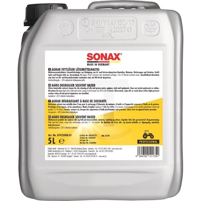 SONAX AGRAR ontvetter op oplosmiddelbasis, 5 l - 320742500, 7425000, 07425000 | Aanbrengen met een doek, borstel, spons of spuitpistool.