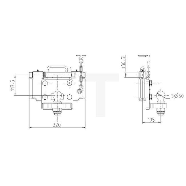 Sauermann Drawbar ball 50, rail width 320 mm, guide 30 mm, 350 kg | C99950320