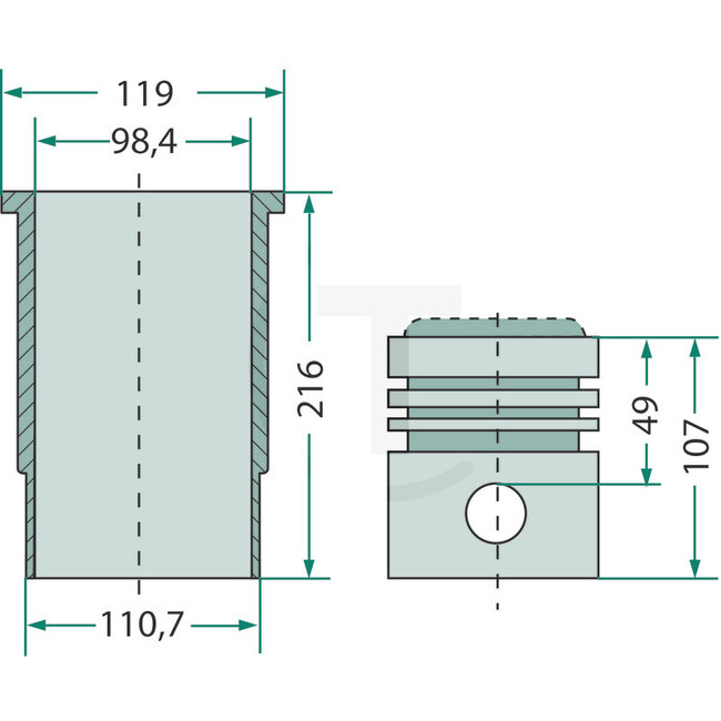 GRANIT Kolbensatz kpl. 3 Ringe Ø 98,43 mm Bolzen Ø 36 x 82 mm Brennraum Ø 55,5 mm McCORMICK / IHC 523, 553, 633, 724, 743, 744, 745, 833, 955, 1046, 1055