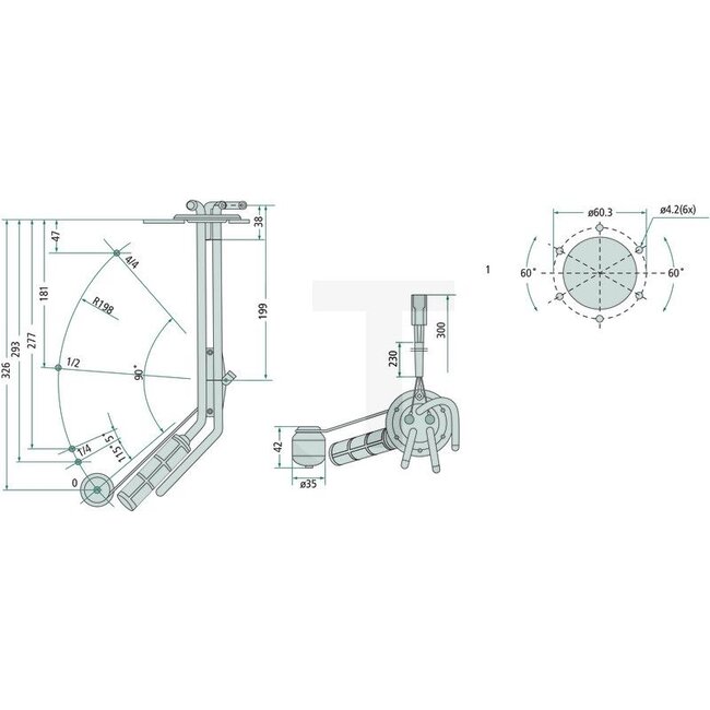 Cobo Tankvlotter Lengte: 326 mm - 22729180000, 1029242 | Uitvoering: Lengte: 326 mm, 0 - leeg 345-315 Ohm 0°-2° 1/4 - vol 228-185 Ohm 14° 1/2 - vol 128-108 Ohm 45° 4/4 - vol 0 - 7 Ohm 88°-90°, Lengte: 326mm | Ø Gatenpatroon: 60,3 mm