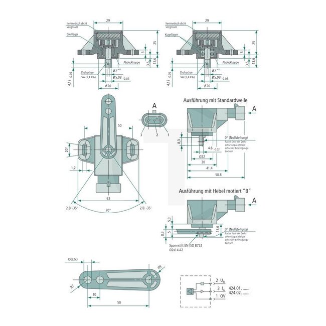 GRANIT Hoeksensor 90°, 10 - 30 V DC, uitgang 0,5 - 4,5 V, glijlager, IP67 - 424A07A090B
