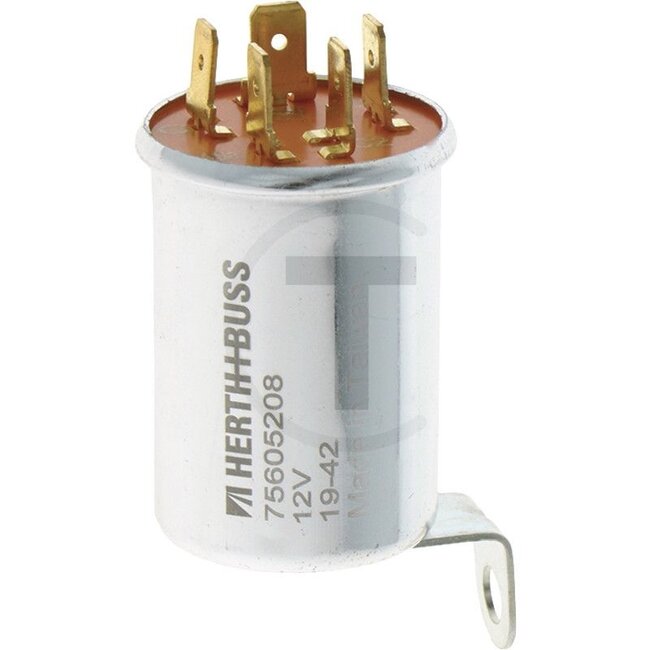 GRANIT Flasher unit 12 V, 5 connections - 5070010117 | Version: Round, power rating: 12 V / 2 + 1 +1 x 21 W, Including mounting bracket for earth connection | Connection: 5 x 6.3 mm blade terminal | Earth (mounting eye) | Power rating: 2 + 1 + 1 x 21 W | Fixing: