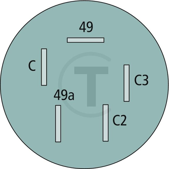 GRANIT Knipperautomaat 12 V, 5 aansluitingen - 5070010117 | Uitvoering: rond, Belastbaarheid: 12 V / 2 + 1 +1 x 21 W, inclusief montagebeugel voor massa-aansluiting | Aansluiting: 5x 6,3 mm vlakstekker, massa (bevestigingsoog) | Belastbaarheid: 2 + 1 + 1 x 21 W