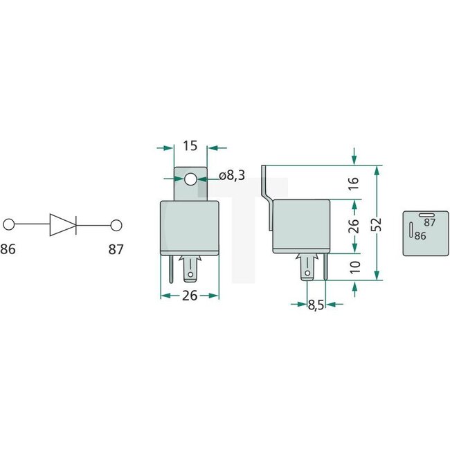 Cobo Diode Relay - 22734009000, 5154972, 1030652 | Version: 12 V, 6 A, enclosed with mounting eye Ø 8.3 mm, With 2 blade terminals - 86 + 87.