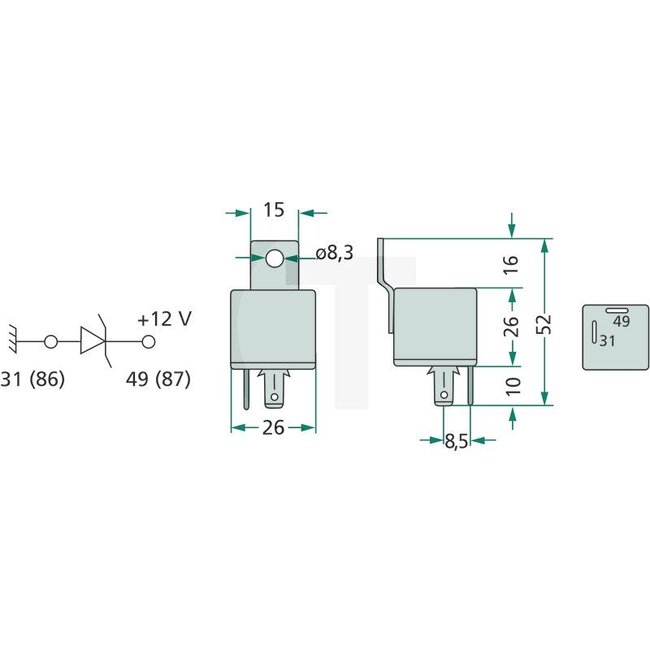 Cobo Diode Relay - 22734007000, 5146278, 5137958, 1030627, 5146277 | Version: 12 V, enclosed with mounting eye Ø 8.3 mm, With 2 blade terminals - 31 (86) + 49 (87)