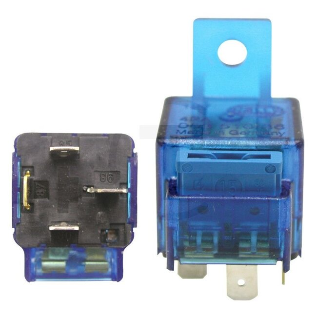HELLA Micro relay Working current (make contact) - 4554RA 003530001, 4RA003530001, 4RA 003 530-001, AZ55251 | Version: 12 V / 15 A, With bracket and blade fuse insert, 4-pin, blade terminal 6.3 mm | Colour: Light blue | Power rating max. 12 V: 15 | Switching fu