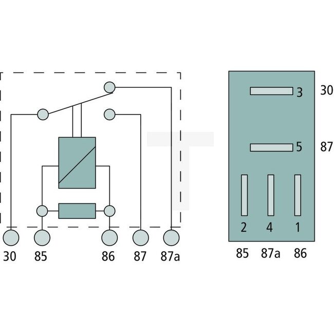 GRANIT Multifunction relay Changeover - 50712052, AL76702, 50712052 | Version: 12 V / 20 - 10 A, Without bracket, 5-pin, Connection: 3 x 4.8 mm, 2 x 6.3 mm, With parallel resistor for suppressing inductive interference voltage peaks