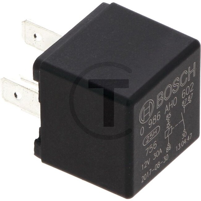 BOSCH Relais Arbeitsstrom (Schließer) - 2500986AH0602, X830250011000, 986AH0602, 0986AH0602, 82003697 | Ausführung: 12 V / 30 A, ohne Halter, 5-polig, Flachsteckeranschluss 6,3 mm, mit Sperrdiode | Farbe: schwarz | Gehäuse: Kunststoffgehäuse | Nennstrom: 30 A |
