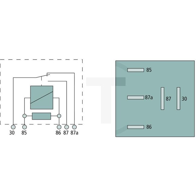 GRANIT Relais Werkstroom (wisselcontact) - 50717042, 82023238, 90338514, I90338514, 87414866, 1-40-258-011, 1-40-258-111, 47109364, 84543528 | Uitvoering: 12 volt / 10 - 20 A, zonder houder, 5-polig, Aansluiting: 3 x 4,8 mm, 2 x 6,3 mm, met parallelle weerstand