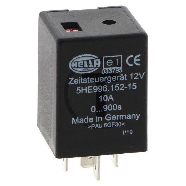 HELLA Timing relay - 4555HE 996152151, 5HE996152151 | Switching function: Changeover | Nominal voltage: 12 V | Test mark: ECE | Adjustment range, seconds: 0 - 900 | Additional information: • Delayed start | Temperature range: From -25 to 80 °C | Connections: 5