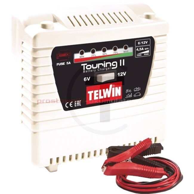 Telwin Ladegerät Touring 11 - 58500813, 807591 | Netzspannung: 230 V | Ladestrom: konv.: 1,5 - 3, eff.: 2 - 45 A | Leistungsaufnahme: 60 W | Abmessungen L x B x H: 190 x 100 x 190 mm | Batteriekapazität: min.: 6V: 30 / 55, max.: 12V: 50 / 115 Ah | Gewicht: 1757