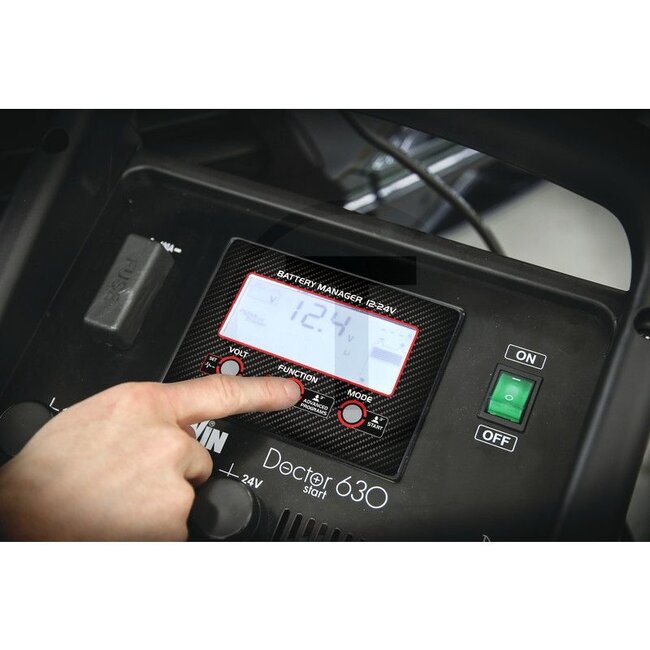 Telwin DOCTOR START 630 für 12/24 Volt Batterien des Typs WET, GEL, AGM, MF, PbCa, EFB und Li - 58500091, 829342 | Afmetingen L x B x H: 365 x 460 x 755 mm | Laadstroom: 70 A | Technische gegevens: • Automatisch laden en druppelladen met Pulse Tronic, • TEST-fun