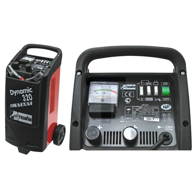 Telwin Ladegerät Dynamic 320 - 58500007, 829381 | Netzspannung: 230, 50 - 60 Hz V | Leistungsaufnahme max.: 1 / 6,4 kW | eff. Ladestrom: 45 A | Startstrom max.: 300 A | Batteriekapazität: 20 - 700 Ah | Abmessungen L x B x H: 310 x 290 x 590 mm | Technische Daten