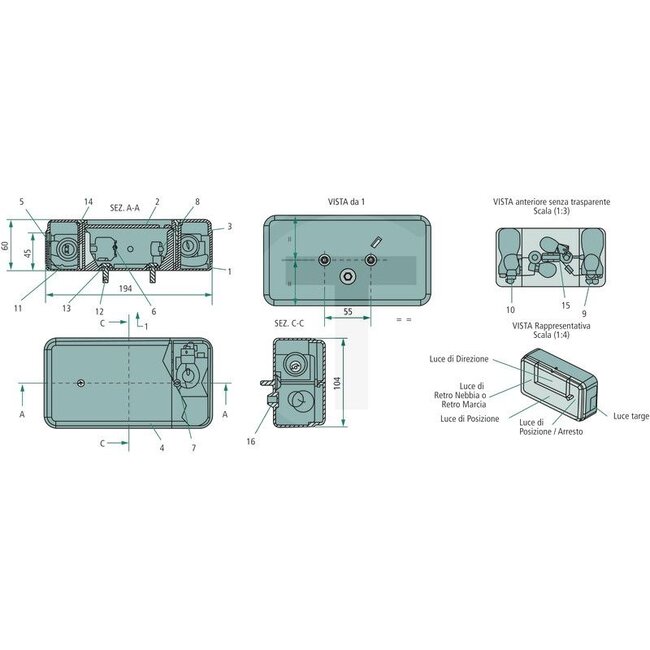 GRANIT Rückleuchte - 70725005, 5001/12 | Leuchtmittel: 12V21/5WK / P21/5W, 12V21WK / P21W, 12V5WK / R5W | Anschluss: mit Tülleschluss | Breite: 194 mm | Form: rechteckig | Höhe: 104 mm | Lochabstand: 55 mm | Abmessungen B x H x T: 194 x 104 x 60 mm | Tiefe: 60 m