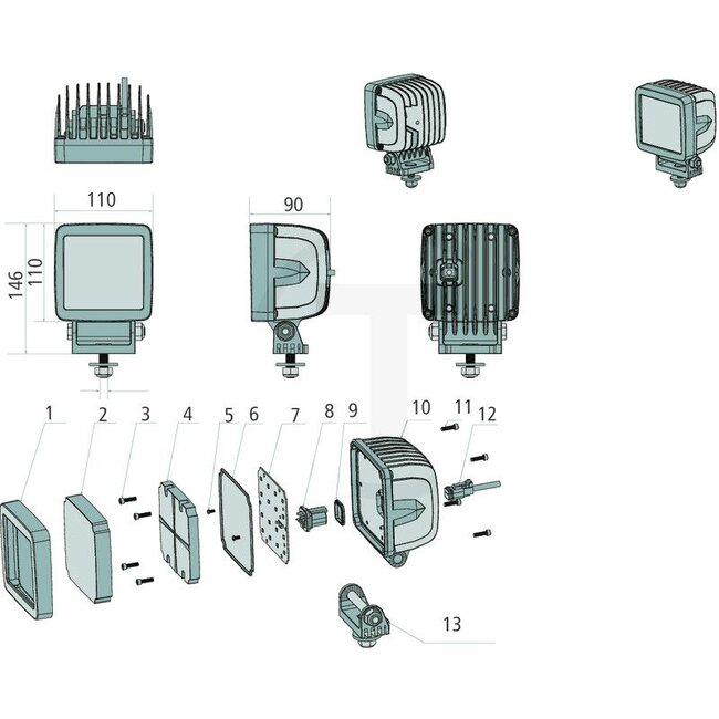 GRANIT LED work light - 7070010438 | Nominal voltage: 12 / 24 V | Voltage range: 10 - 30 V | Bulb: LED | Bulbs included: Yes | Light function: Close-range illumination | Dimensions W x H x D: 110 x 146 x 90 mm | Mounting type: Stainless steel bracket | Connectio