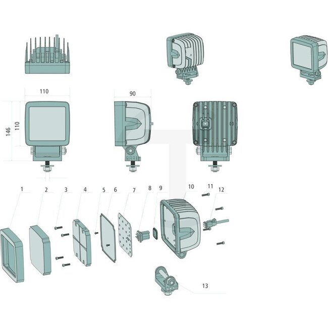 GRANIT Werklamp LED - 7070010439 | Netspanning: 12 / 24 V | Spanningsbereik: 10 - 30 Volt | Lamp: LED | Inclusief lamp: ja | Lichtfunctie: Verstraler | Afmetingen B x H x D: 110 x 146 x 90 mm | Montagewijze: Roestvrijstalen houder | Aansluiting: DEUTSCH-stekker