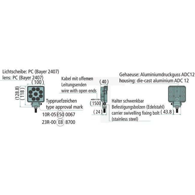 GRANIT Werklamp LED Verstraler 100 x 40 mm - 7070010020, 1GA357103-035-STK | Netspanning: 12 / 24 V | Vorm: hoekig | Afmetingen B x H x D: 100 x 40 mm | Lichtfunctie: Verstraler | Lichtstroom effectief: ≈ 1500 lm