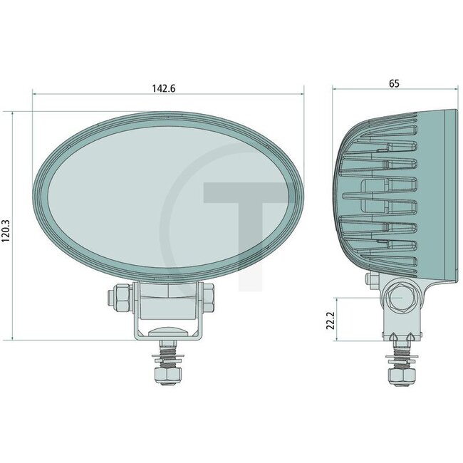 HELLA LED work light - 455VF1GA 357001001, VF1GA357001001 | Nominal voltage: 12 / 24 V | Form: Oval | Dimensions W x H x D: 143 x 120 x 65 mm | Light function: Close-range illumination | Effective luminous flux: ≈ 1200 lm | Connection: Open cable ends | Bulb: L
