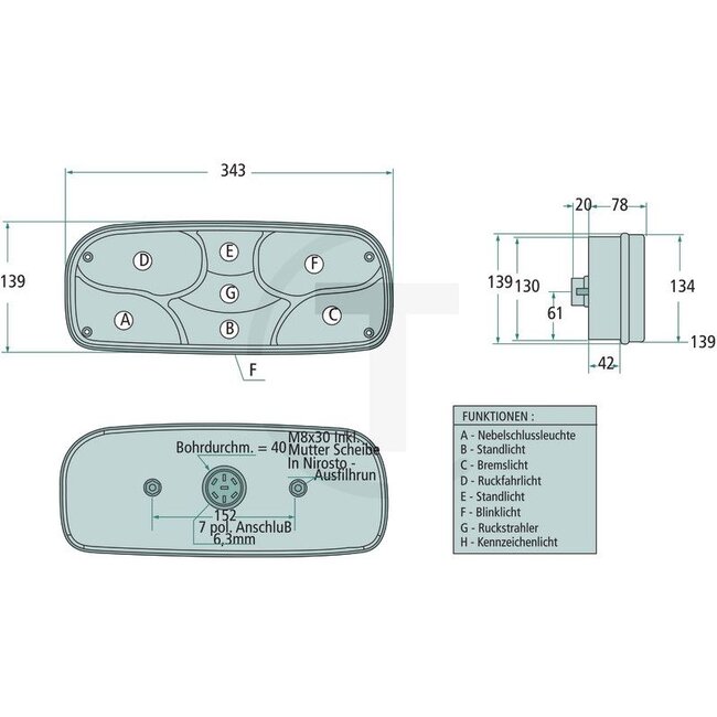 ASPÖCK Achterlicht conventioneel "ECOPOINT I" rechts, met 7-polige ASS2-aansluiting, zonder driehoekreflector - 504252400501, 408134001 | Afmetingen B x H x D: 344 x 139  x 78 mm | Lichtfunctie: Knipperlicht, achterlicht, remlicht, achteruitrijlicht, mistachterl