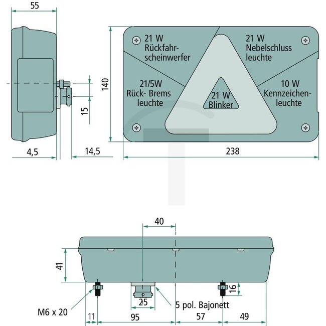 ASPÖCK Achterlicht "MULTIPOINT V" links, met 5-polige bajonetaansluiting en mistachterlicht - 504248500007, 411510001 | Afmetingen B x H x D: 238 x 140 x 55 mm