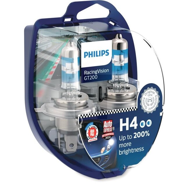 Philips Halogenlampe H4 12V / 60/55W, 2 Stück - 44712342RGTS212342RGTS2 | Spannung: 12 V | Leistung: 60 / 55 Watt | Sockel: P43t-38 | Leuchtmittel: Halogen | passend für: Fernlicht, Abblendlicht | Typ: RacingVision GT200 | Prüfzeichen: ECE | Bauart: H4