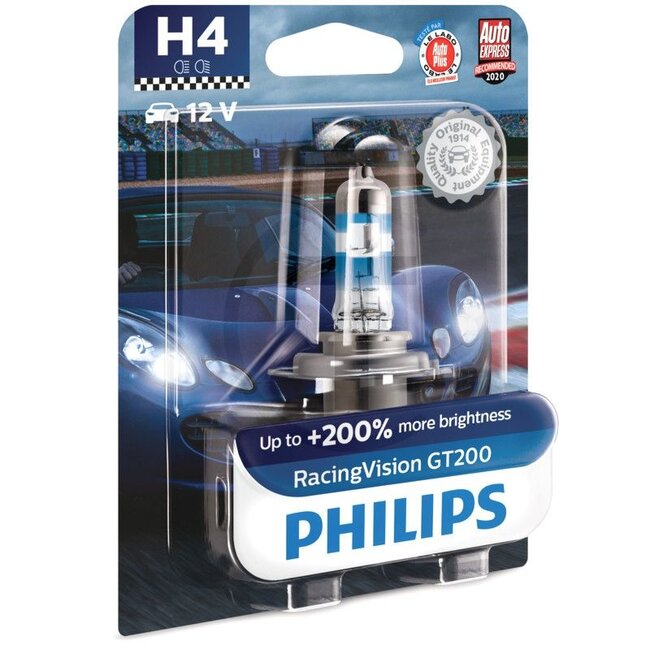 Philips Halogenleuchtmittel H4 RacingVision GT200 12 V, 60 / 55 W, P43t-38 | 12342RGTB1