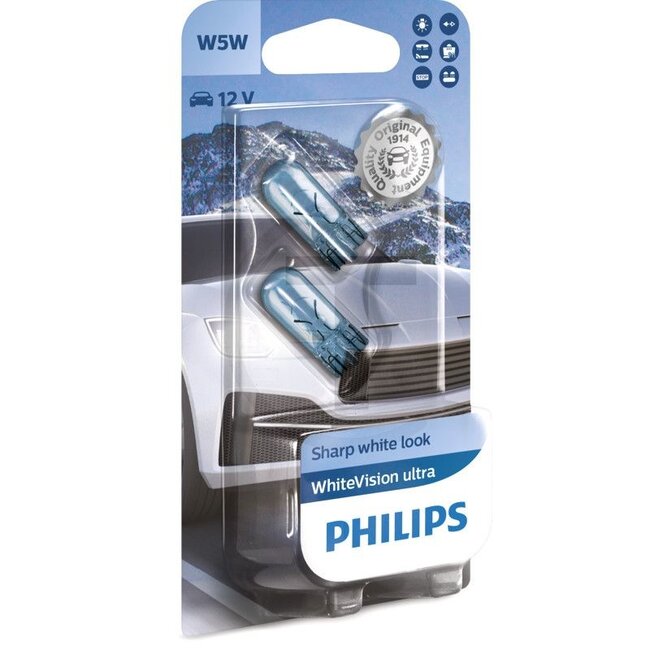 Philips Incandescent lamp W5W 12V / 5W, 2 pcs - 44712961WVUB2, 12961WVUB2 | Voltage: 12 V | Power: 5 watts | Socket: W2.1x9.5d | Bulb: Conventional | To fit: Equipment, position light | Type: WhiteVision ultra | Test mark: ECE | Type: W5W