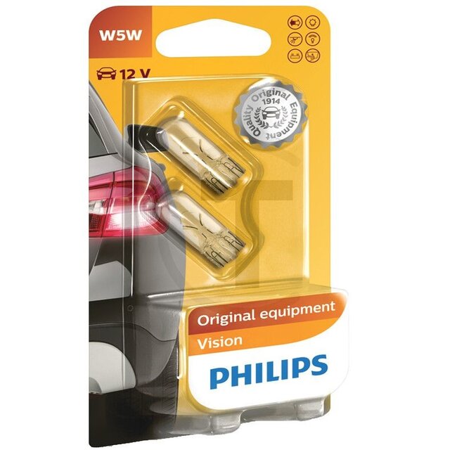 Philips Glassokkellampen W5W 12 volt / 5W, 2 stuks - 44712961B212961B2 | Spanning: 12 V | Vermogen: 5 Watt | Sokkel: W2,1x9,5d | Kleur: helder | Lamp: Glassockellampe | Passend voor: Achterlichten, leeslampje, dashboardkastjampje, instapverlichting, deurverlichti