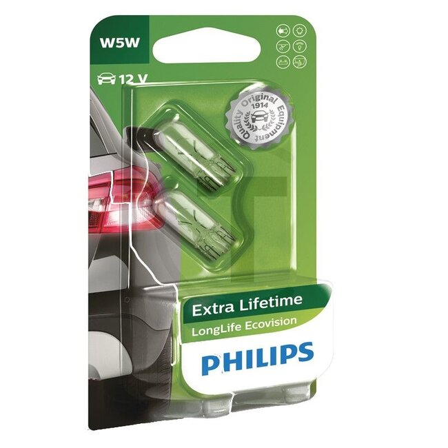Philips Glassokkellampen W5W 12 volt / 5W, 2 stuks - 44712961ECOB212961LLECOB2 | Spanning: 12 V | Vermogen: 5 Watt | Sokkel: W2,1x9,5d | Kleur: helder | Lamp: Glassockellampe | Passend voor: Achterlichten, leeslampje, dashboardkastjampje, instapverlichting, deurv