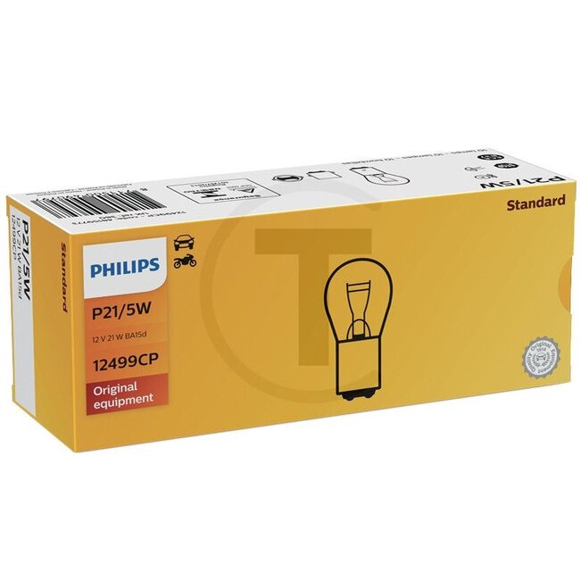 Philips Kogellamp P21/5W 12 volt / 21/5W, 10 stuks - 44712499CP12499CP | Spanning: 12 V | Vermogen: 21 / 5 Watt | Sokkel: BAY15d | Passend voor: knipper-, rem-, mistachterlicht en achteruitrijverlichting | Toepassingen: Achterlicht, dagrijlicht, remlicht, achter-