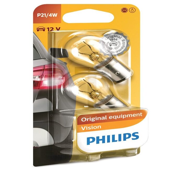 Philips Kogellamp P21/4W 12 volt / 21/4W, 2 stuks - 44712594B212594B2 | Spanning: 12 V | Vermogen: 21 / 4 Watt | Sokkel: BAZ15d | Lamp: Kugellampe | Passend voor: Achterlichten, remlichten, mistlichten | Keurmerk: ECE | Bouwwijze: P21 / 4W