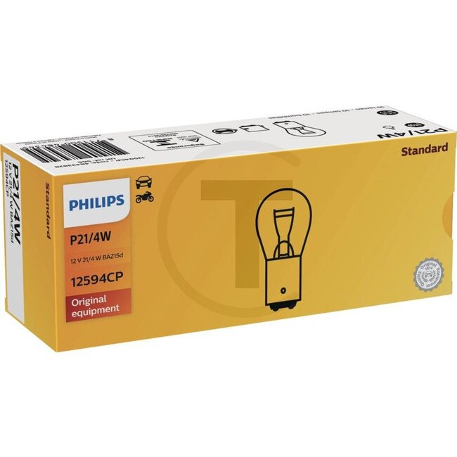 Philips Kugellampe P21/4W, 10 Stück - 44712594CP14148190, X825283299000, 57M7014, 0.900.0063.3 | Spannung: 12 V | Leistung: 21 / 4 Watt | Sockel: BAZ15d | Leuchtmittel: Zweifadenlampe | passend für: Heckleuchte, Bremslicht, Nebelleuchte vorne | Typ: Standard | Pr