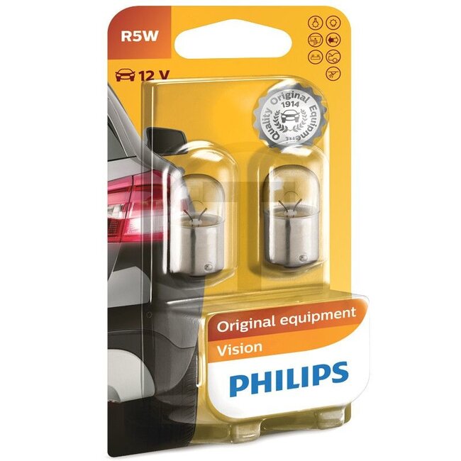 Philips Ball lamp R5W 12V / 5W, 2 pcs - 44712821B2, 12821B2 | Voltage: 12 V | Power: 5 watts | Socket: BA15s | Bulb: Spherical bulb | To fit: Rear light, reading light, glove compartment light, door light, boot light, brake light, side indicator, rear/parking lig