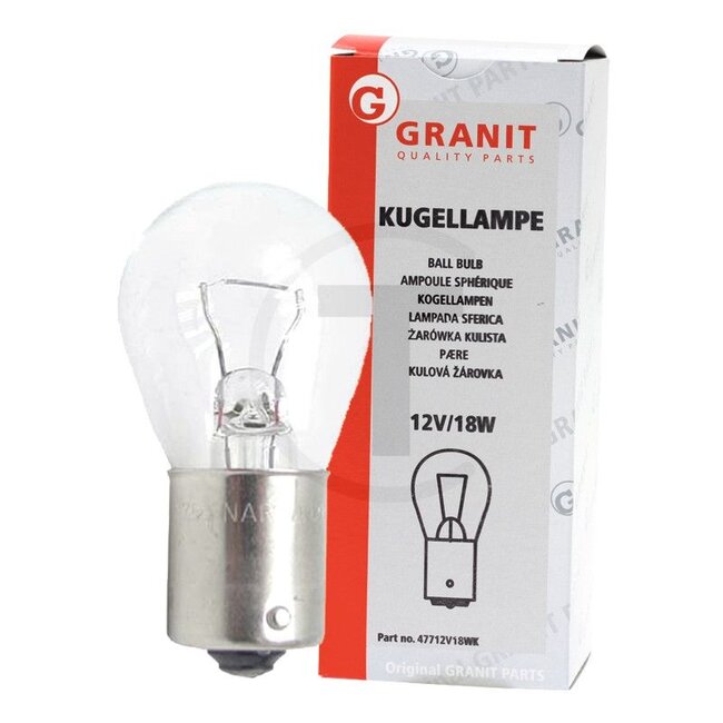 GRANIT Kugellampe R18W 12V / 18W, 10 Stück - 47712V18WK17511GRNCP | Spannung: 12 V | Leistung: 18 Watt | Sockel: BA15s | passend für: Blink-, Brems-, Nebelschluss- und Rückfahrleuchten