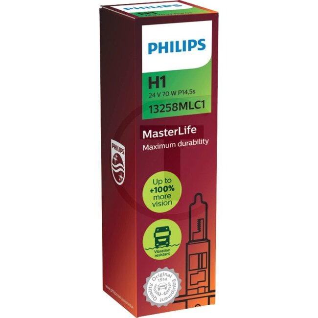 Philips Halogeenlamp H1 24 V, 70 W, sokkel P14,5s, MasterLife | 13258MLC1
