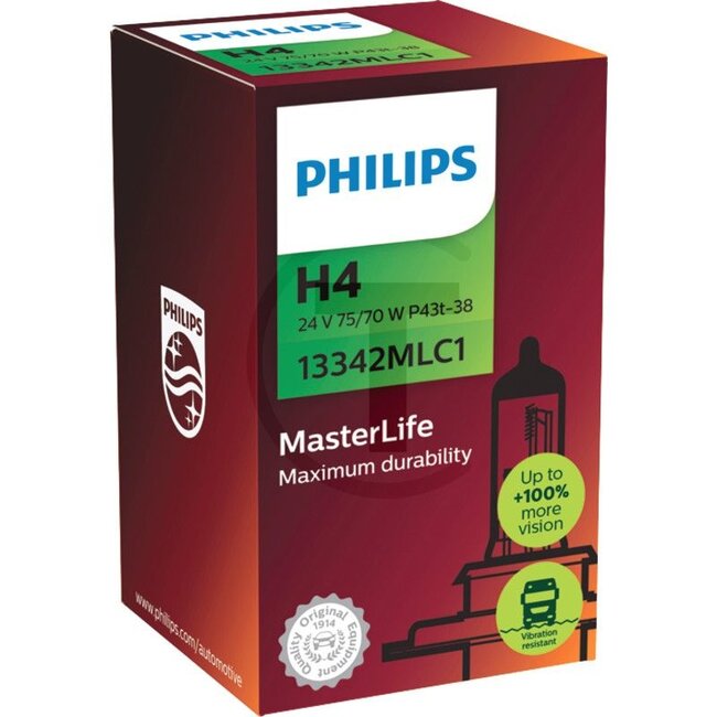Philips Halogenleuchtmittel H4 24 V, 75/70 W, Sockel P43t-38, MasterLife | 13342MLC1
